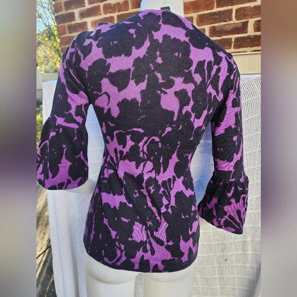 INC International Concepts Purple Black Floral Bell Sleeve Cardigan Sweater Top